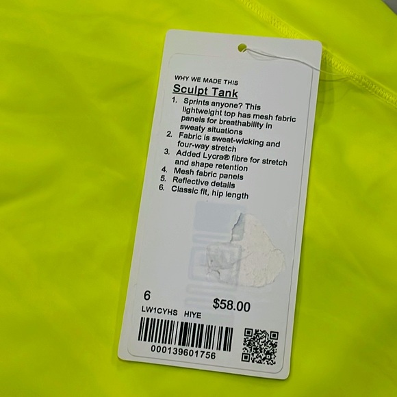 NWT! Lulu lemon sculpt tank- highlighter yellow. Never worn. Size 6. - Picture 7 of 8